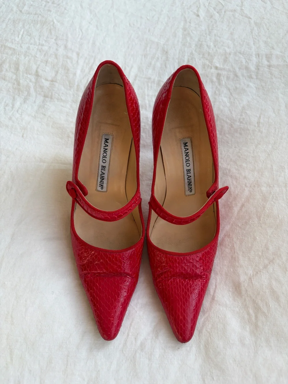 Vintage Manolo Blahnik Python Snake Leather Pointy Toe Mary Jane Heels Red